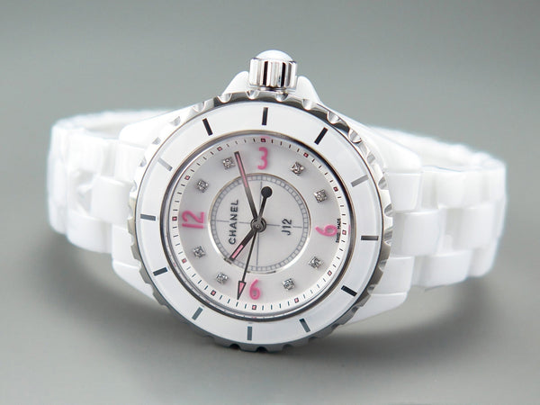 J12 Quartz White Ceramic Pink Diamond Numerals White Dial