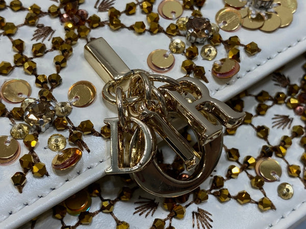 Dior 2025 Microbead Sequin Embroidery Bag 21cm White Gold Calfskin 270503