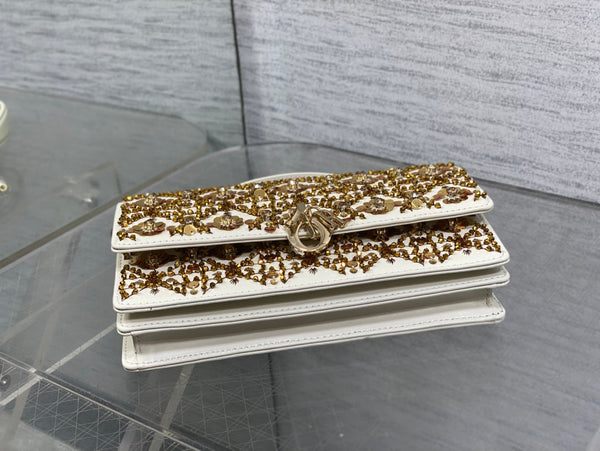 Dior 2025 Microbead Sequin Embroidery Bag 21cm White Gold Calfskin 270503