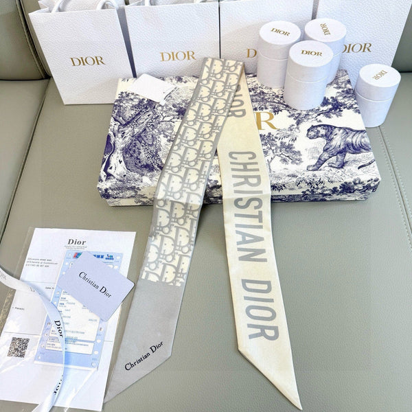 CD Twilly Mini Scarf 105cm Light Gray Mulberry Silk 953239