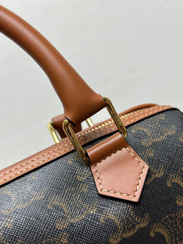 Celine Small Boston Bag In The Triomphe Canvas And Tan Calfskin