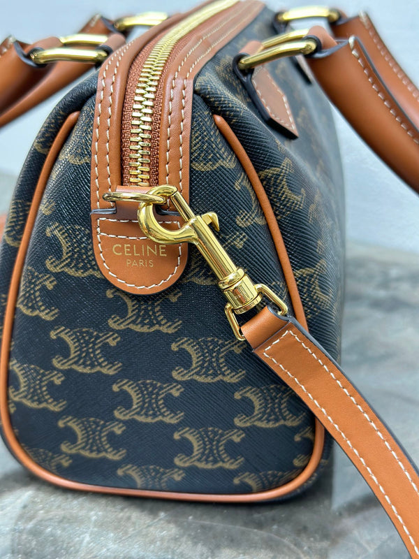 Celine Small Boston Bag In The Triomphe Canvas And Tan Calfskin