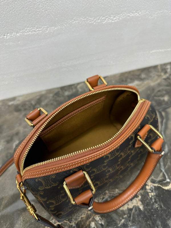Celine Small Boston Bag In The Triomphe Canvas And Tan Calfskin