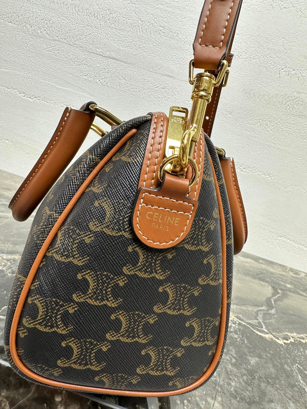 Celine Small Boston Bag In The Triomphe Canvas And Tan Calfskin