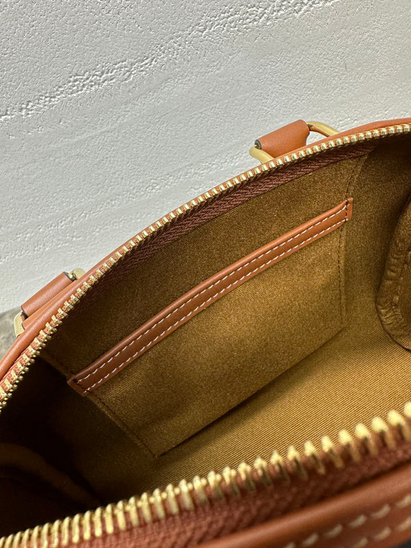 Celine Small Boston Bag In The Triomphe Canvas And Tan Calfskin