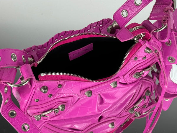 LE CAGOLE SMALL SHOULDER BAG 26 WITH RHINESTONES IN DEEP PINK CROCODILE EMBOSSED CALFSKIN