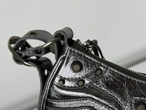 LE CAGOLE SMALL SHOULDER BAG 26 WITH RHINESTONES IN SILVER METALLIC ARENA LAMBSKIN