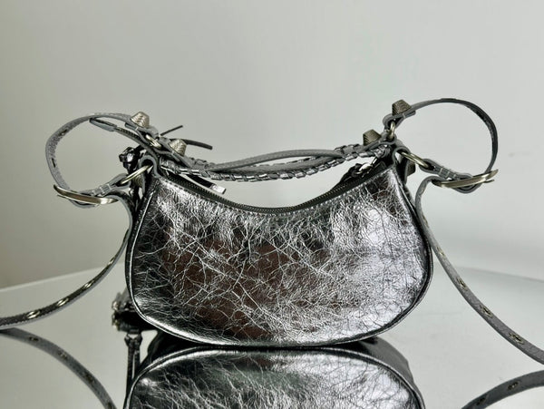 LE CAGOLE SMALL SHOULDER BAG 26 WITH RHINESTONES IN SILVER METALLIC ARENA LAMBSKIN