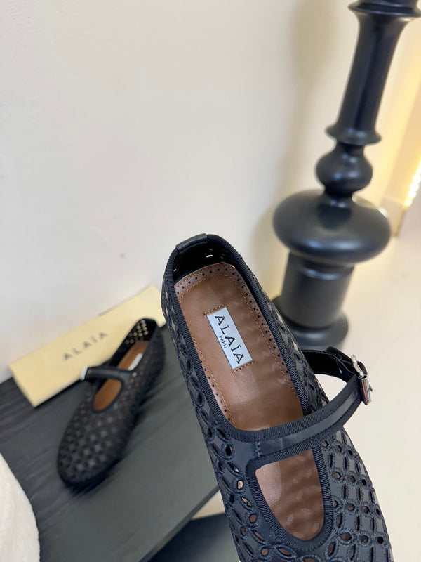 Alaia 25 Mary Jane Mesh Ballet Flats Black Calfskin 297034