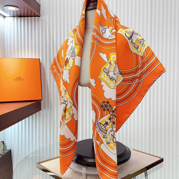 Carres Volants Scarf 90 CM In Orange Colorful Silk Twill 244995