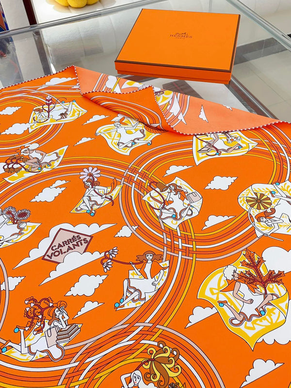 Carres Volants Scarf 90 CM In Orange Colorful Silk Twill 244995