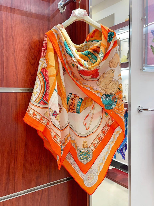 Carré Harnais De Cœur Scarf 140 CM In Orange Colorful Cashmere And Silk 335856