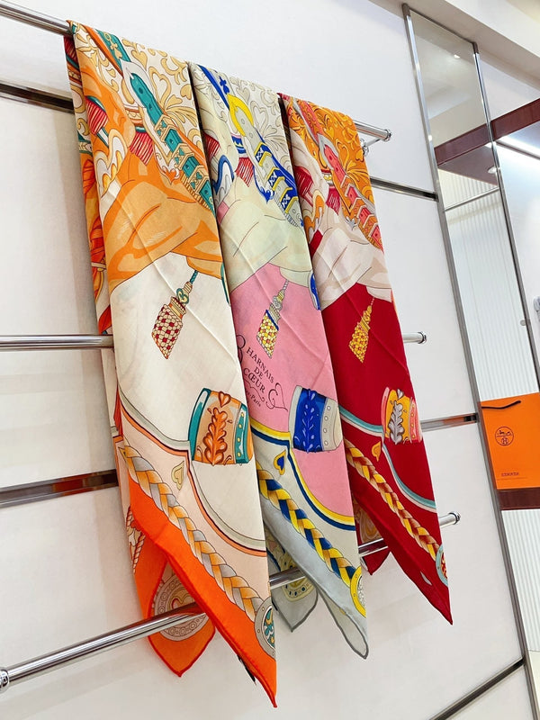 Carré Harnais De Cœur Scarf 140 CM In Orange Colorful Cashmere And Silk 335856