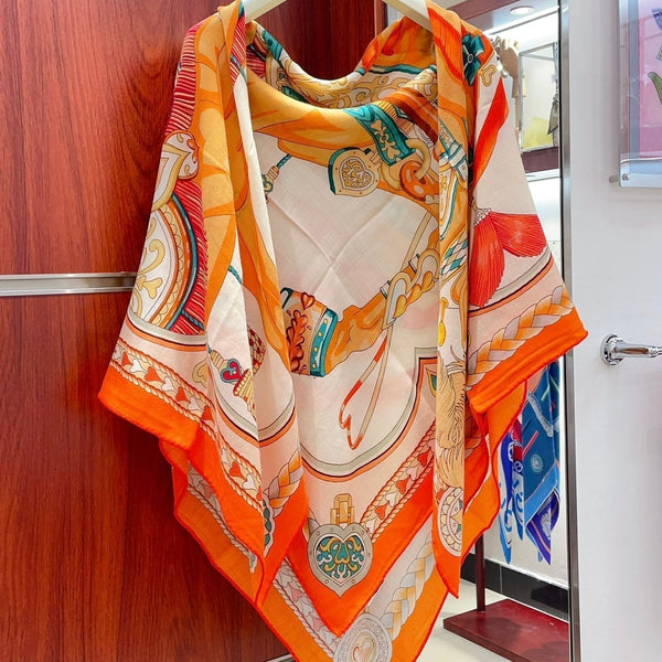 Carré Harnais De Cœur Scarf 140 CM In Orange Colorful Cashmere And Silk 335856