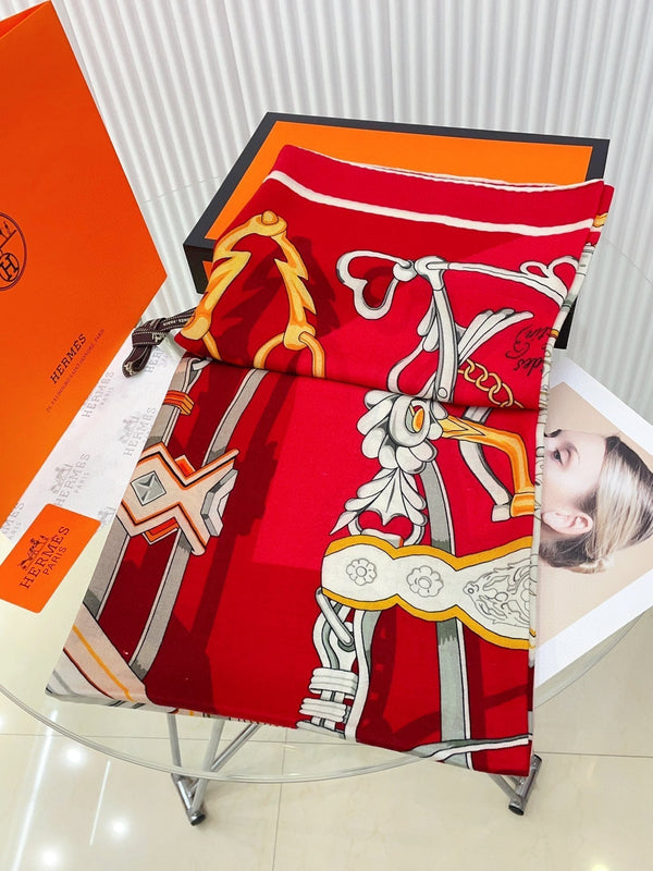 Brides Et Destin Scarf 140 CM In Red Colorful Cashmere Silk 375372