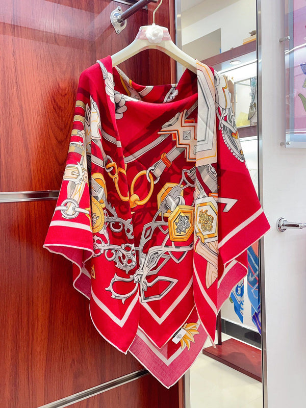 Brides Et Destin Scarf 140 CM In Red Colorful Cashmere Silk 375372