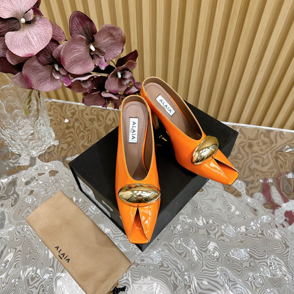 ALAIA AZZEDINE HIGH HEELS IN TANGERINE ORANGE CALFSKIN WITH GOLD HARDWARE