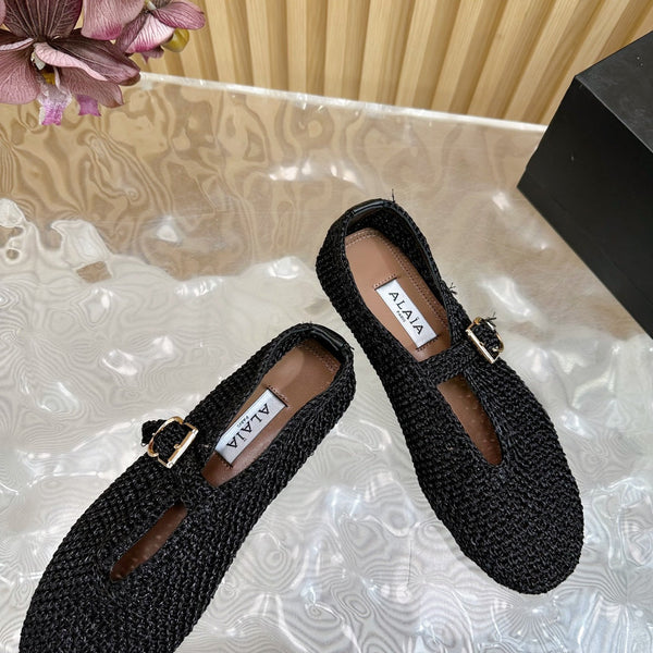 Alaia Ballet Flats In Black Stretch Woven Sedge 102276