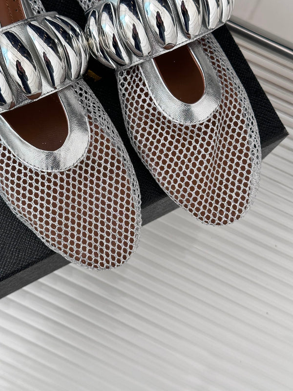 Alaia 25 Mary Jane Mesh Ballet Flats Silver Calfskin 293250