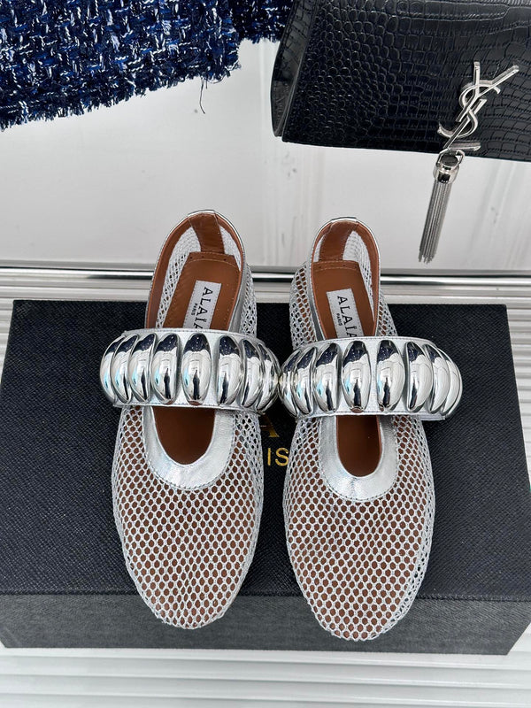 Alaia 25 Mary Jane Mesh Ballet Flats Silver Calfskin 293250