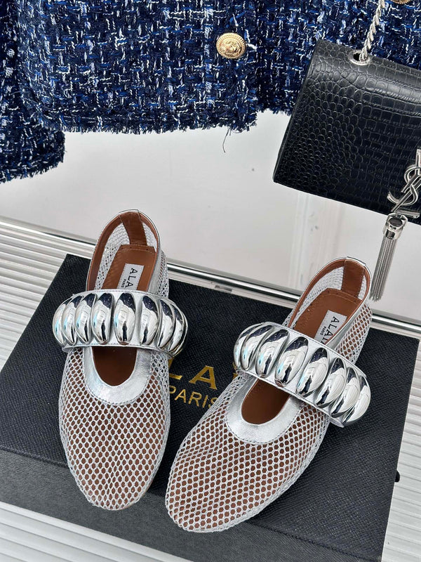 Alaia 25 Mary Jane Mesh Ballet Flats Silver Calfskin 293250