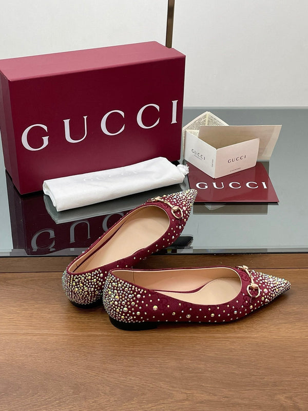GG Horsebit Ballet Flat Red Ebony Monogram Canvas Crystal-Embellished