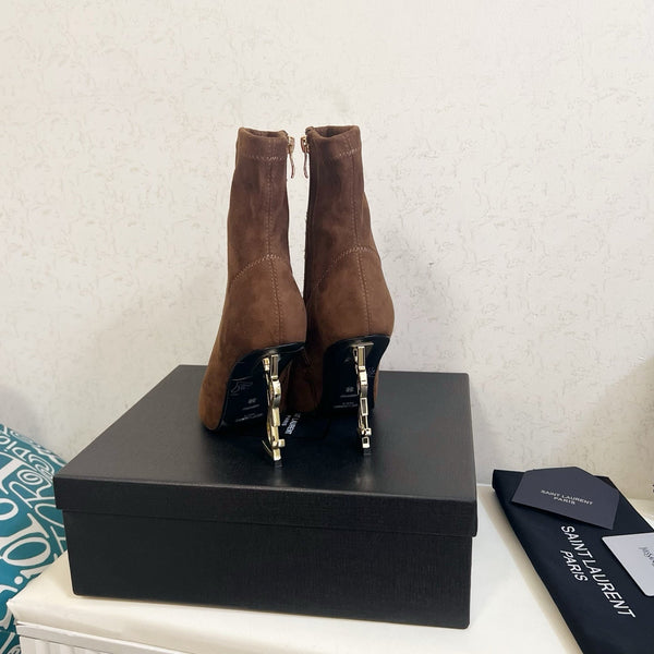 YSL 2025 Opyum 110mm Heel Ankle Boot Brown Suede 575010