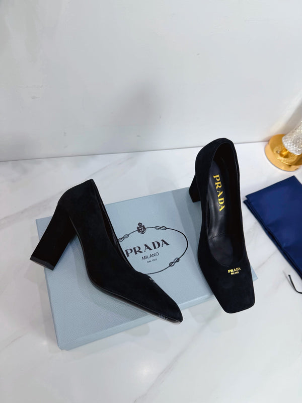 PRA 26SS Square-toe Block Heels 85 Black Suede 592360