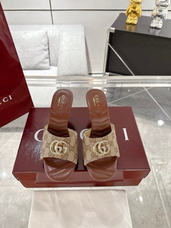 GC 2025 Double G High Heel Sandals Brown Canvas Sheepskin 292466