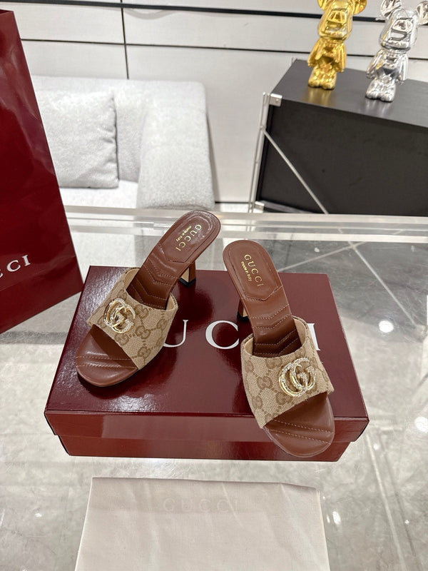 GC 2025 Double G High Heel Sandals Brown Canvas Sheepskin 292466
