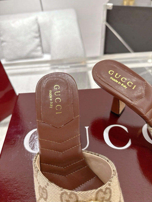 GC 2025 Double G High Heel Sandals Brown Canvas Sheepskin 292466