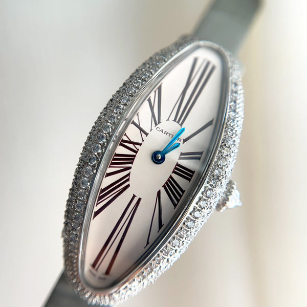 Vintage Baignoire 21mm Silver Diamond Case Grey Leather