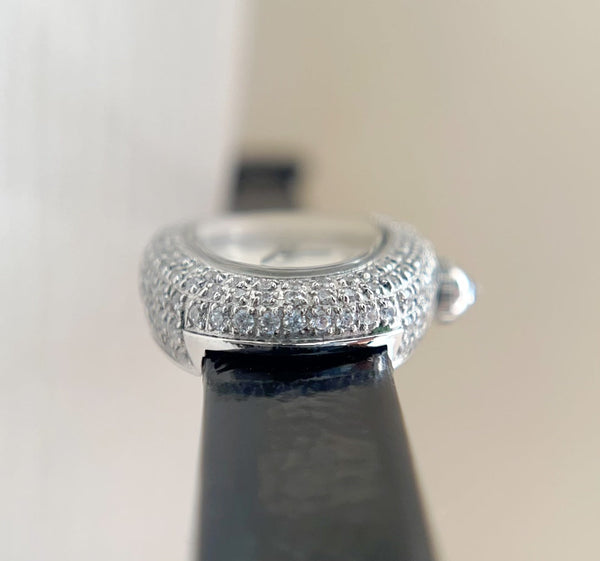 Baignoire Silver Diamond Case Black Leather Strap