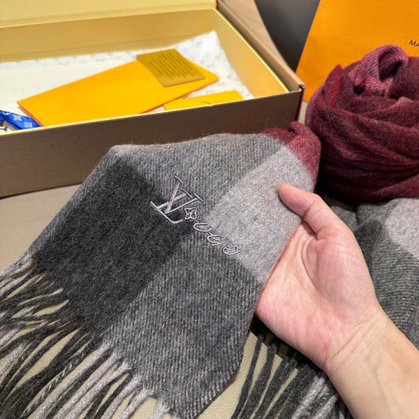 LV Scarf 185cm Burgundy Black Gray Wool Cashmere 977002
