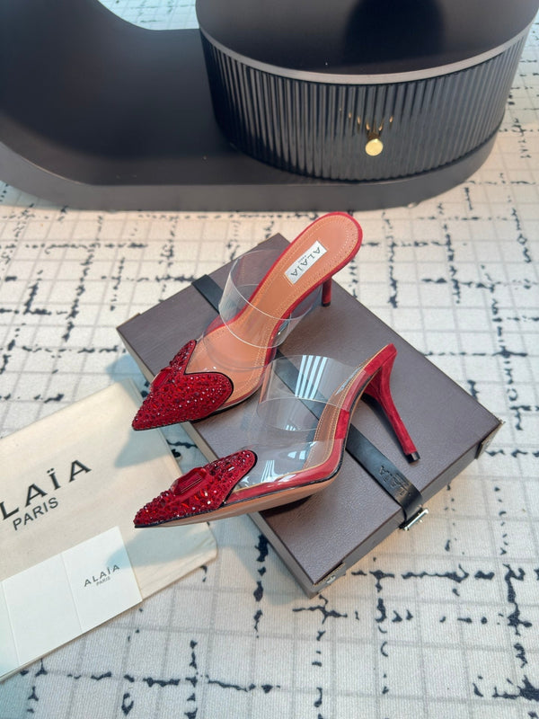 Alaia Heart With Crystals 90mm Heels Mules Red Sheepskin 800949