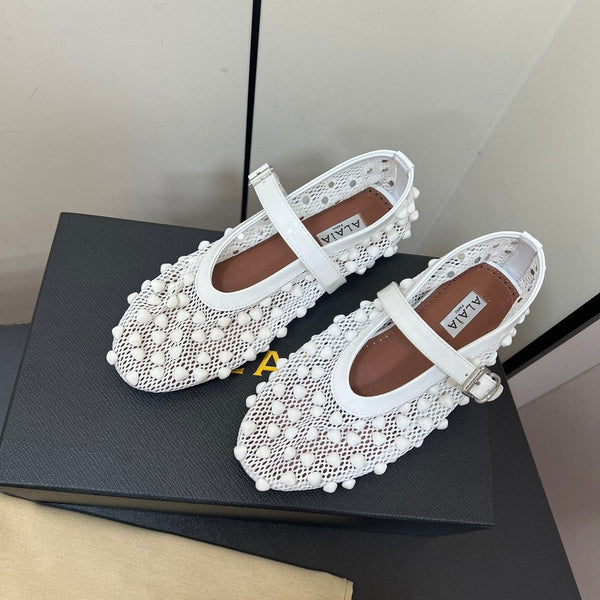 Alaila Ballet Flats With Studs On Fishnet In White 975751