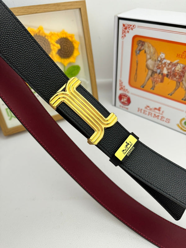 HM Belt 38mm Black Red Cowhide Leather Gold Buckle 619014