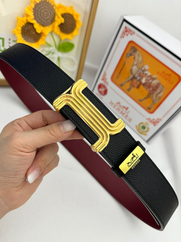 HM Belt 38mm Black Red Cowhide Leather Gold Buckle 619014