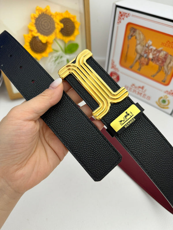 HM Belt 38mm Black Red Cowhide Leather Gold Buckle 619014