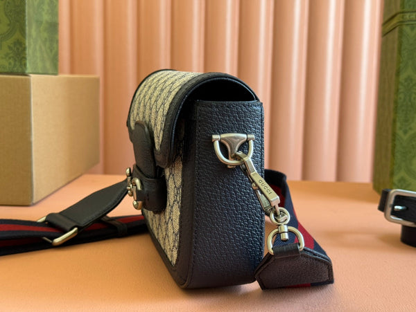 Gucci Horsebit Bag Ebony Blue Black Leather Canvas 244258