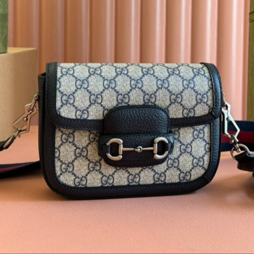 Gucci Horsebit Bag Ebony Blue Black Leather Canvas 244258