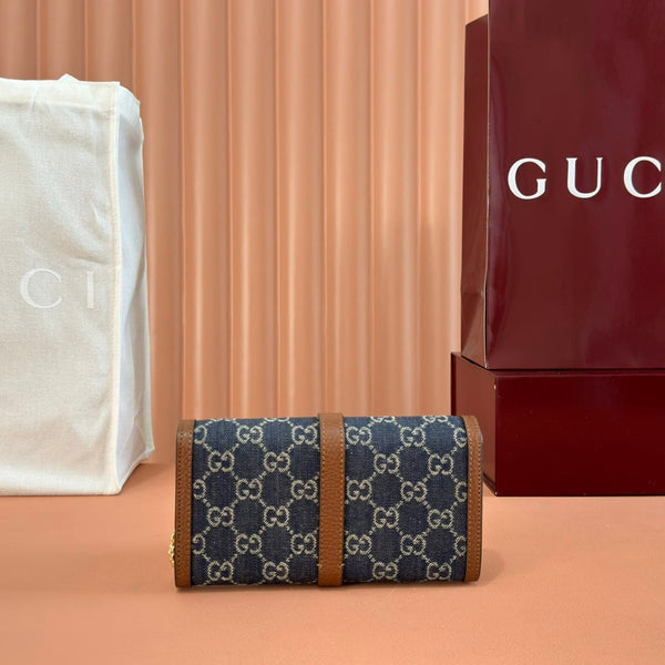 Gucci Jackie Chain Wallet Blue Brown Canvas Leather 255173