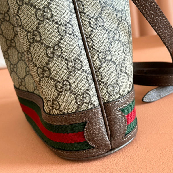 Ophidia Medium Bucket Bag 20.5cm Beige Brown Canvas Leather