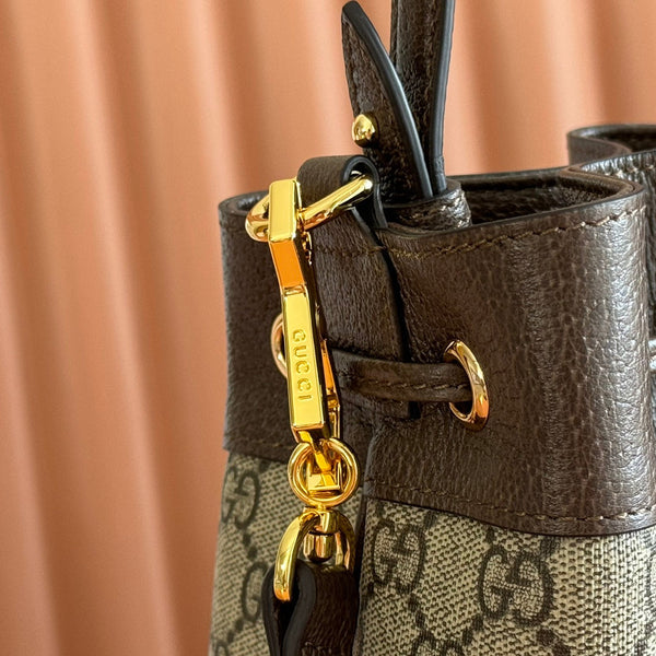 Ophidia Medium Bucket Bag 20.5cm Beige Brown Canvas Leather