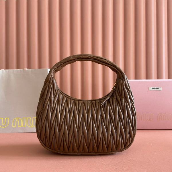 Miu Wander Matelassé Shoulder Bag 29cm Brown Lambskin