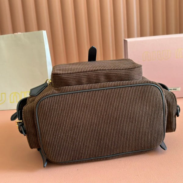 Miu Medium Corduroy Backpack Dark Brown Leather-Trim