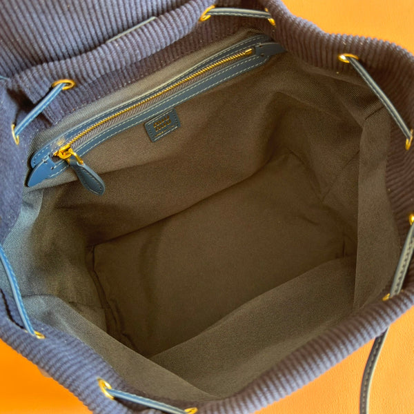 Miu Medium Corduroy Backpack Navy Blue Leather-Trim