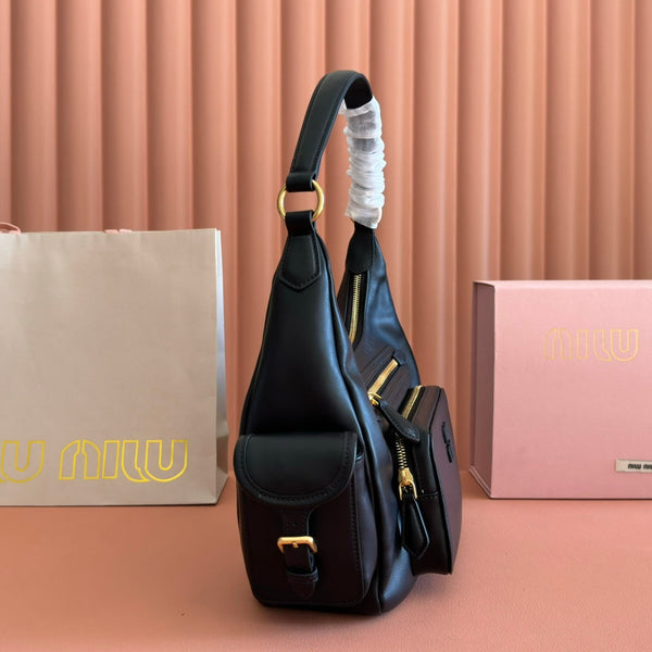Miu Pocket Shoulder Bag Black Calfskin