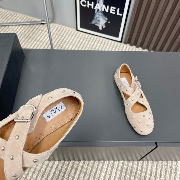 Alaia 2025 Criss Cross With Stud Ballet Flats Nude Suede 293206