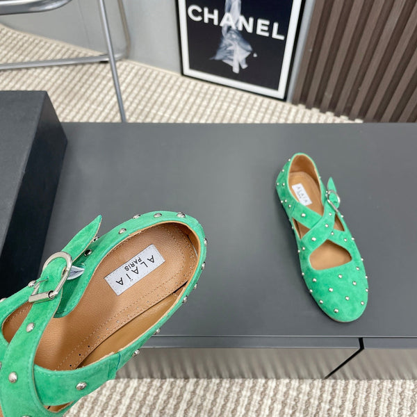 Alaia 2025 Criss Cross With Stud Ballet Flats Shamrock Green Suede 293210